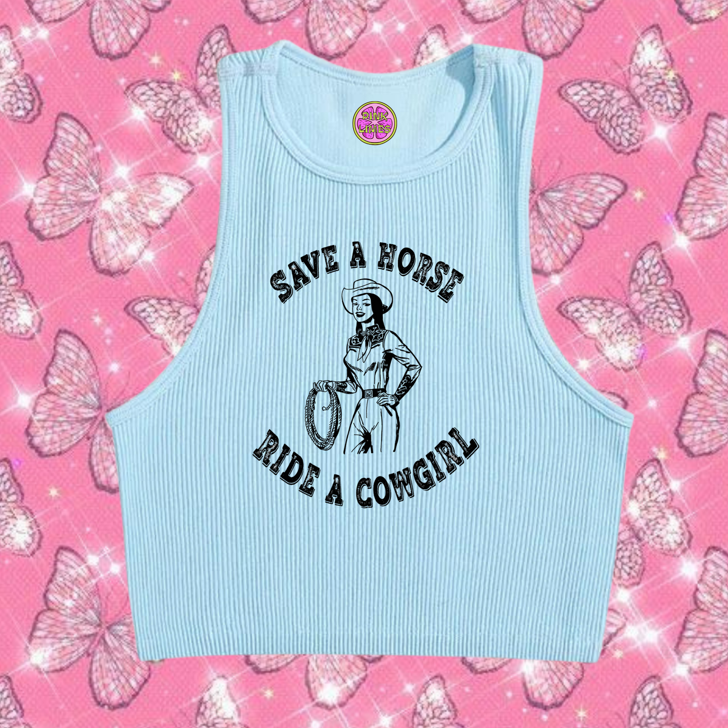 Save A Horse Ride A Cowgirl Crop Tank Top Light Blue Shirts & Tops PinkLimes Trending Streetwear