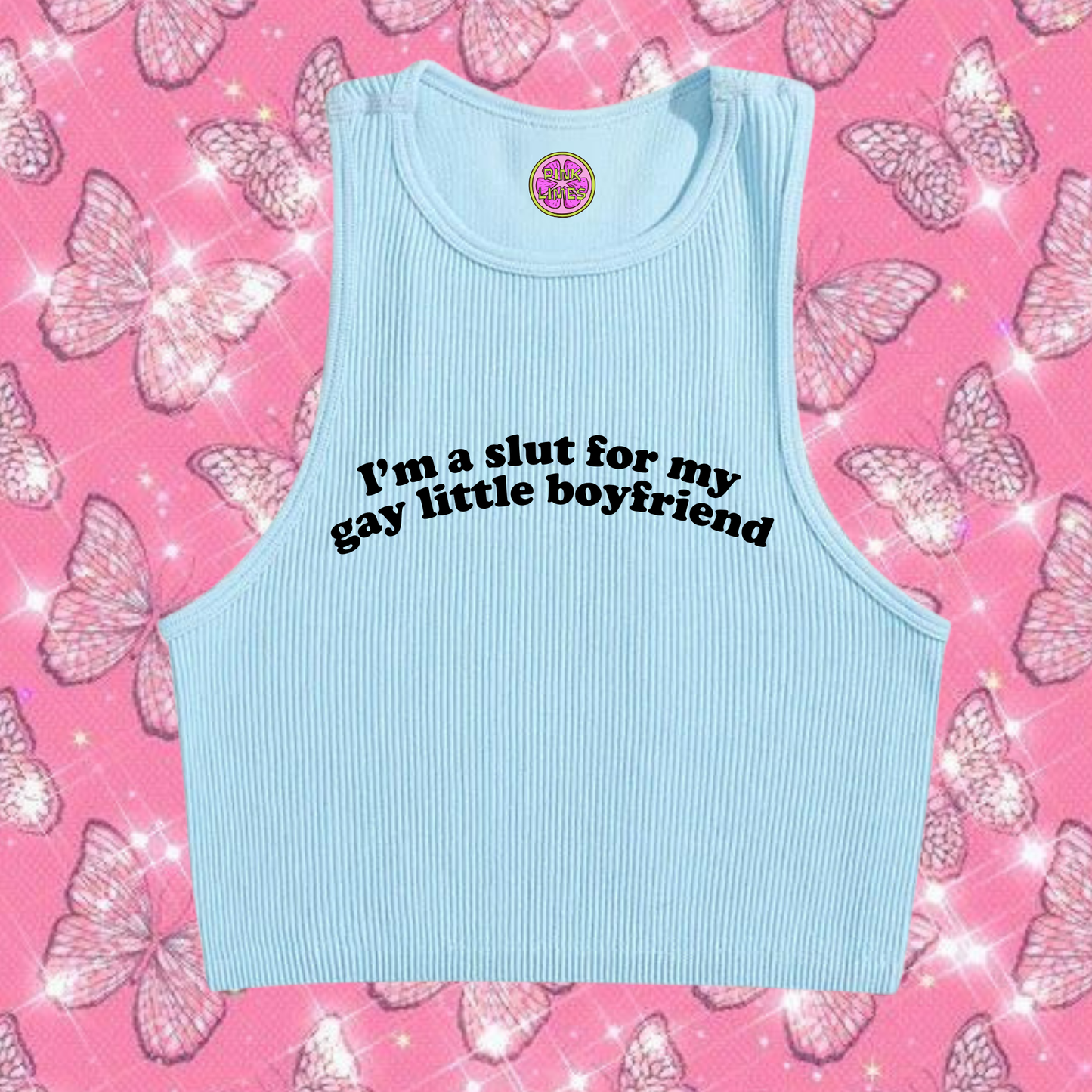 Sl*t For My Gay Little Crop Tank Top Light Blue Shirts & Tops PinkLimes Trending Streetwear