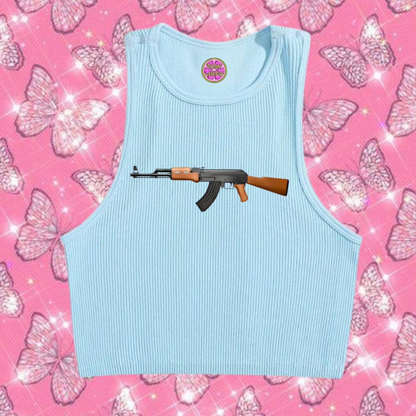 AK47 Crop Tank Top Light Blue Shirts & Tops PinkLimes Trending Streetwear
