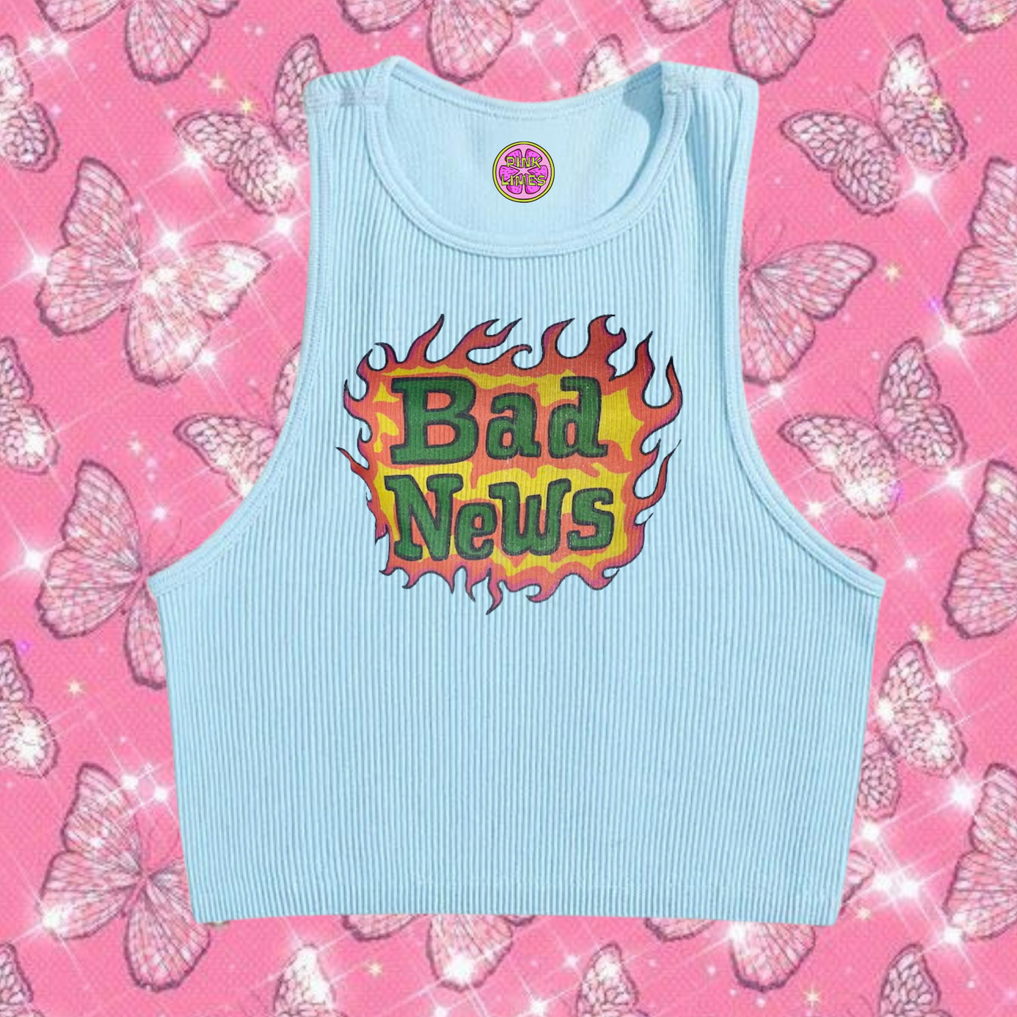 Bad News Crop Tank Top Light Blue Shirts & Tops PinkLimes Trending Streetwear