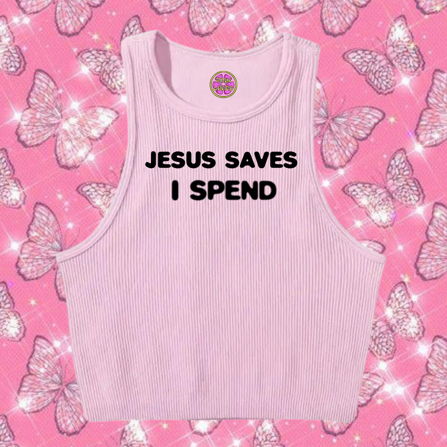 Jesus Saves I Spend Crop Tank Top Light Purple Shirts & Tops PinkLimes Trending Streetwear