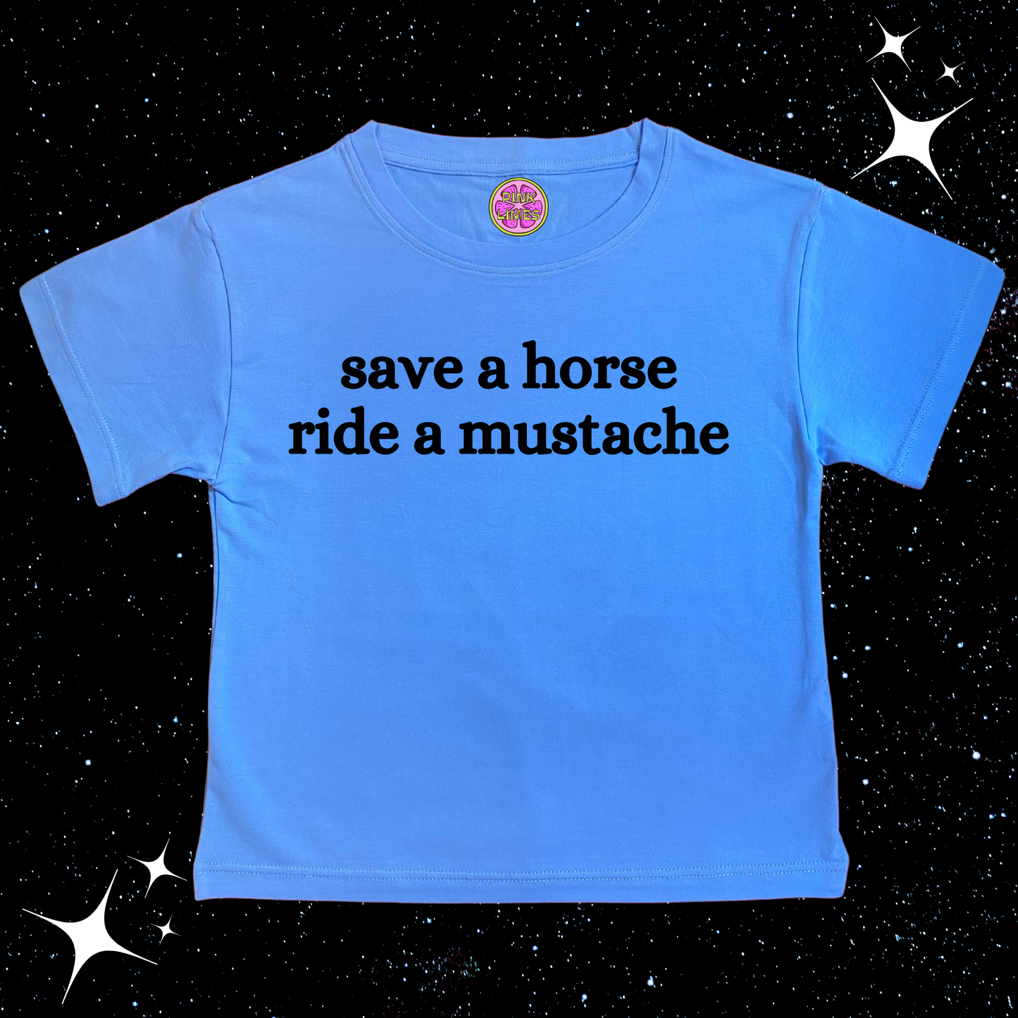 Save A Horse Ride A Mustache Crop Tee Lake Blue Shirts & Tops PinkLimes Trending Streetwear