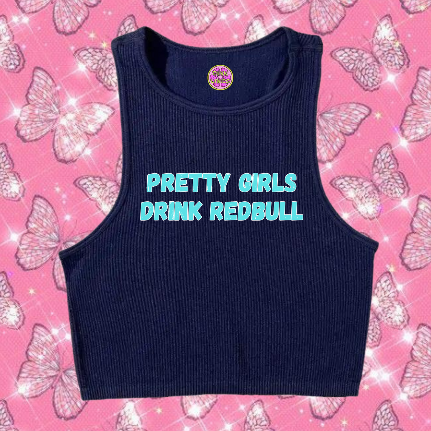 Pretty Girls Drink Redbull Crop Tank Top Navy Blue Shirts & Tops PinkLimes Trending Streetwear
