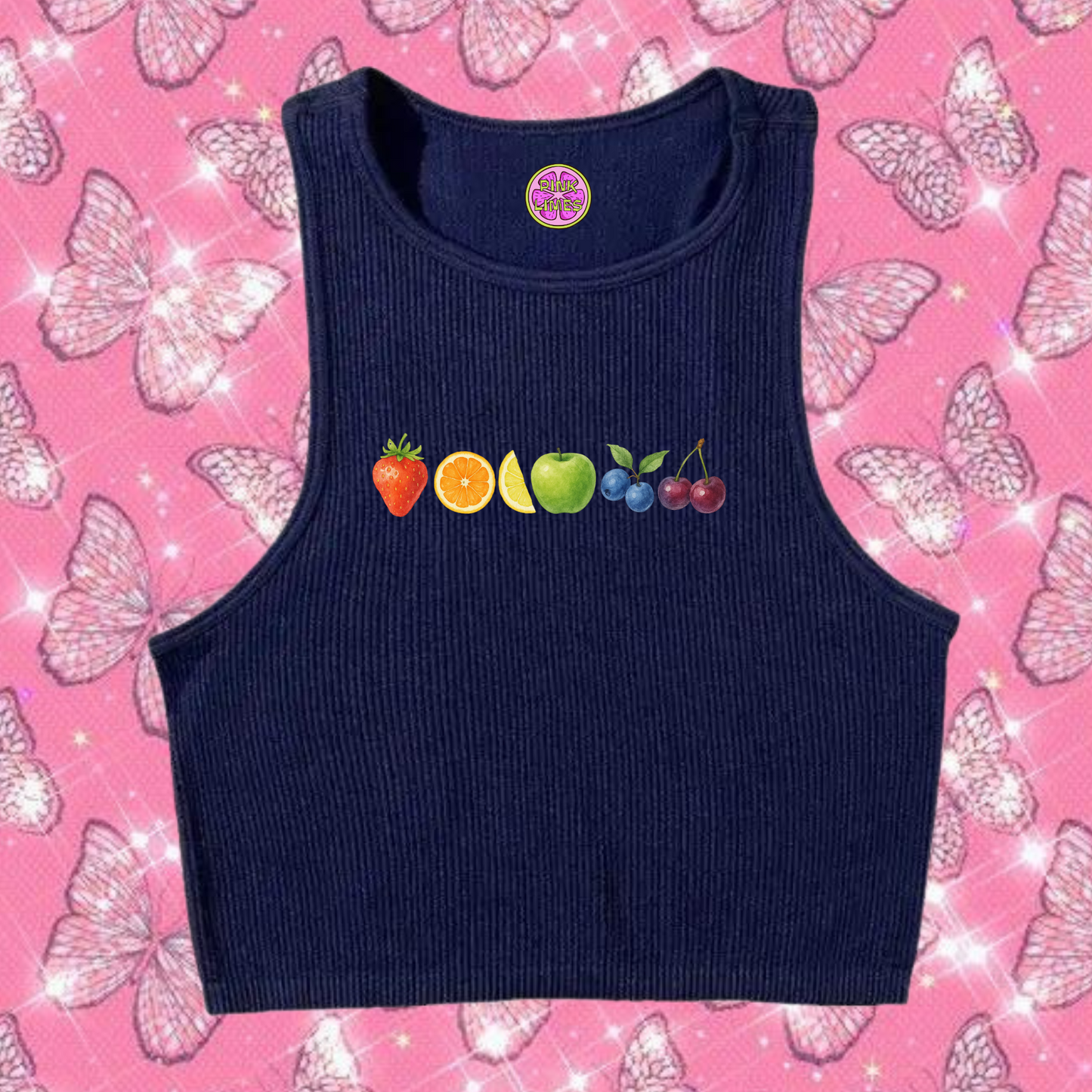 6 Fruity Crop Tank Top Navy Blue Shirts & Tops PinkLimes Trending Streetwear