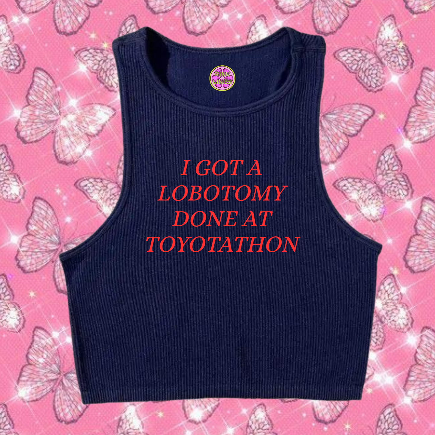 Lobotomy At Toyotathon Crop Tank Top Navy Blue Shirts & Tops PinkLimes Trending Streetwear