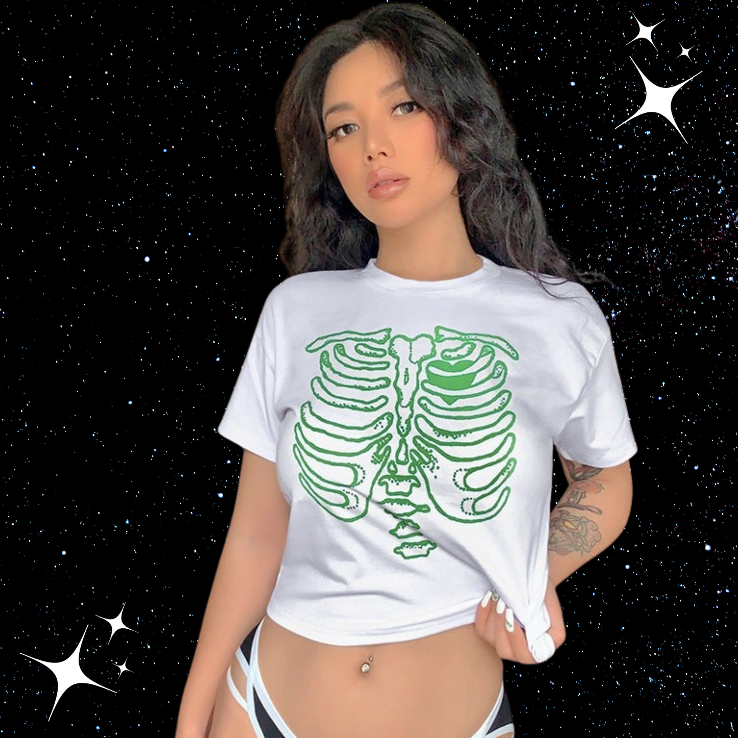 Skeleton Print Crop Tee White (green print) Shirts & Tops PinkLimes Trending Streetwear
