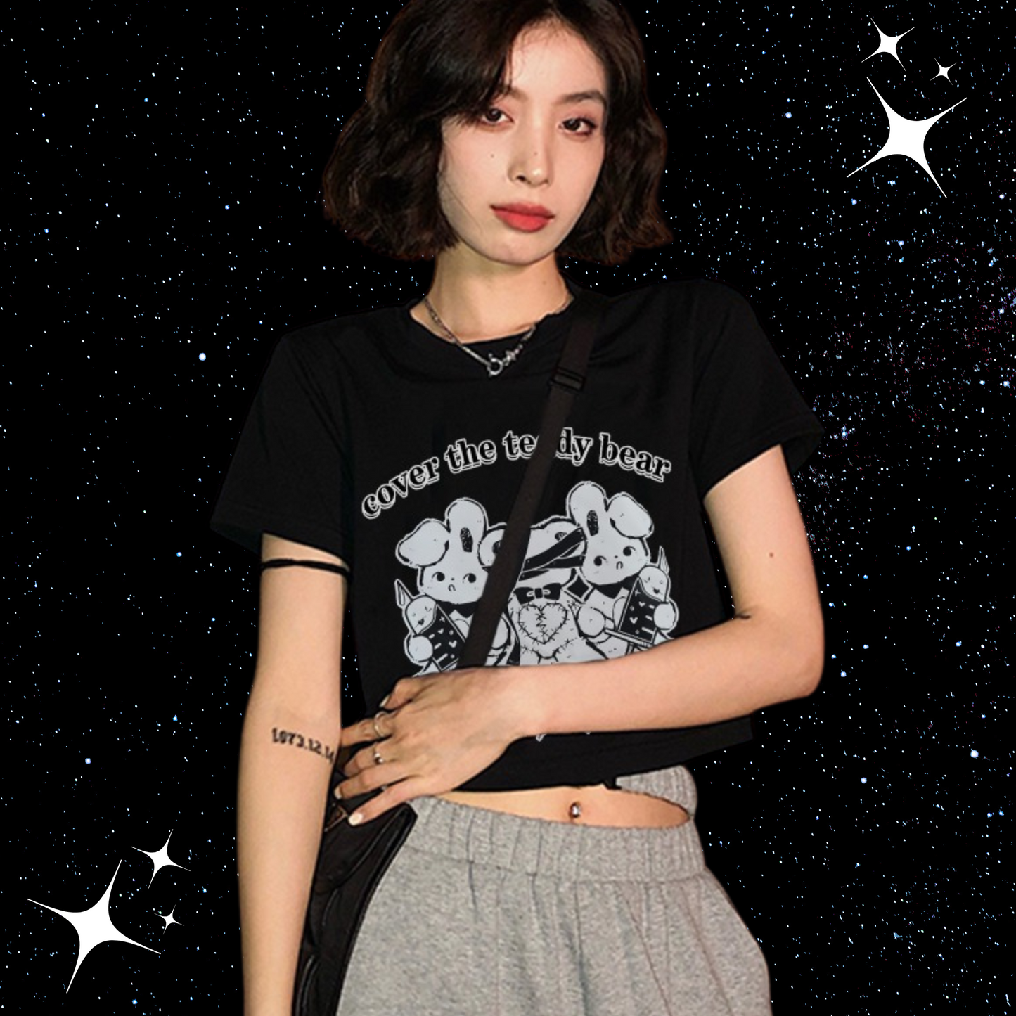 Cover The Teddy Bear Crop Tee Black Shirts & Tops PinkLimes Trending Streetwear