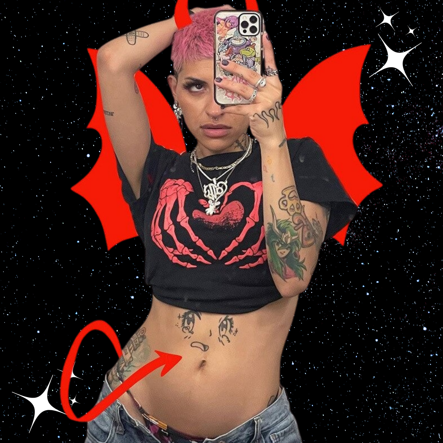 Skeleton Love Hands Crop Tee Shirts & Tops PinkLimes Trending Streetwear