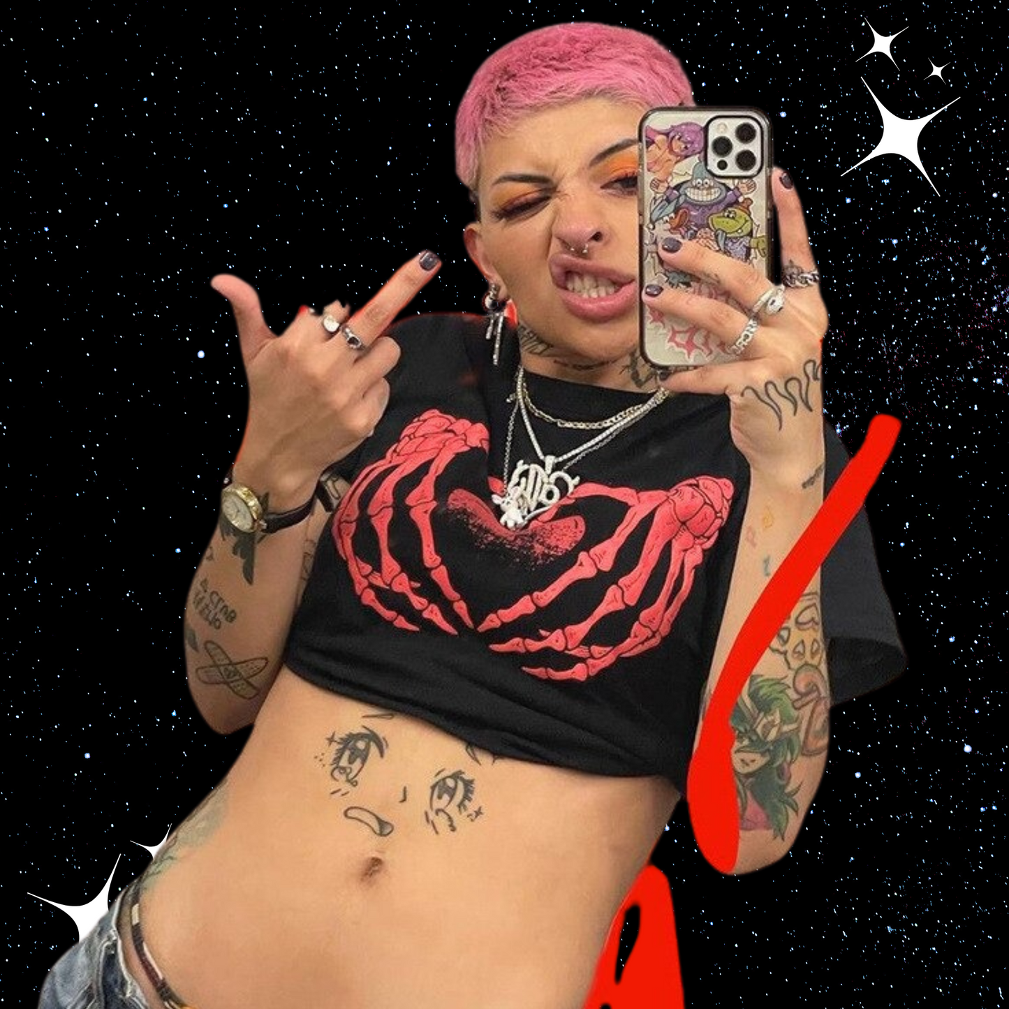 Skeleton Love Hands Crop Tee Shirts & Tops PinkLimes Trending Streetwear