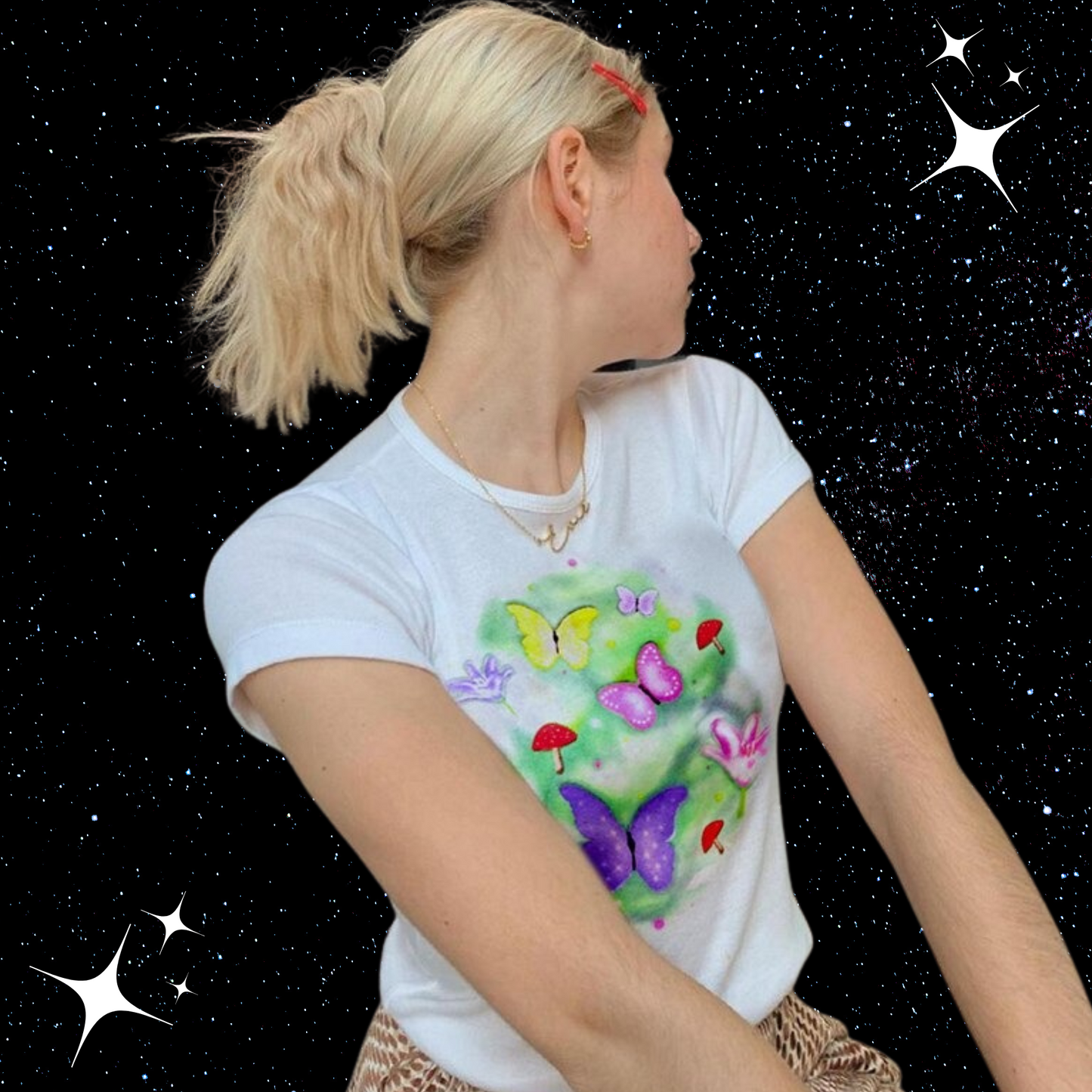 Butterfly Mushroom Print Crop Tee Shirts & Tops PinkLimes Trending Streetwear