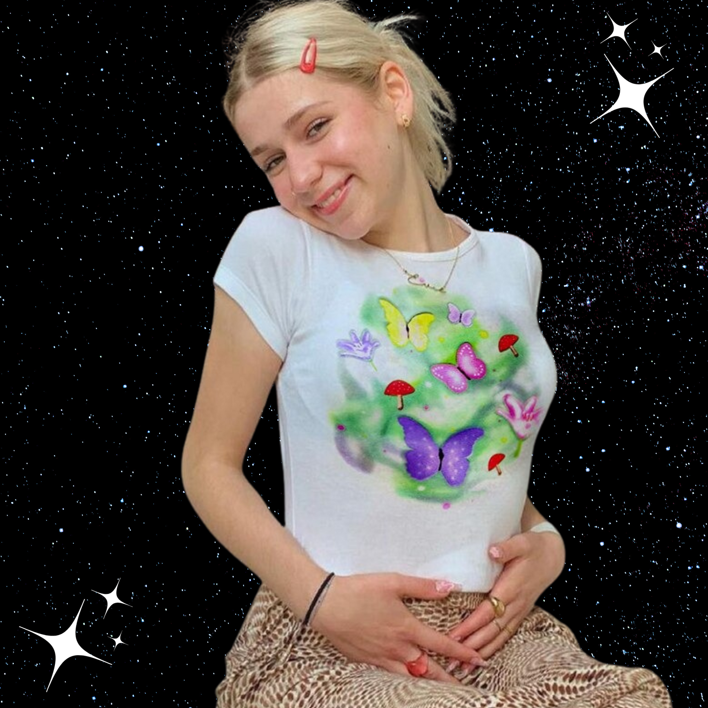 Butterfly Mushroom Print Crop Tee Shirts & Tops PinkLimes Trending Streetwear