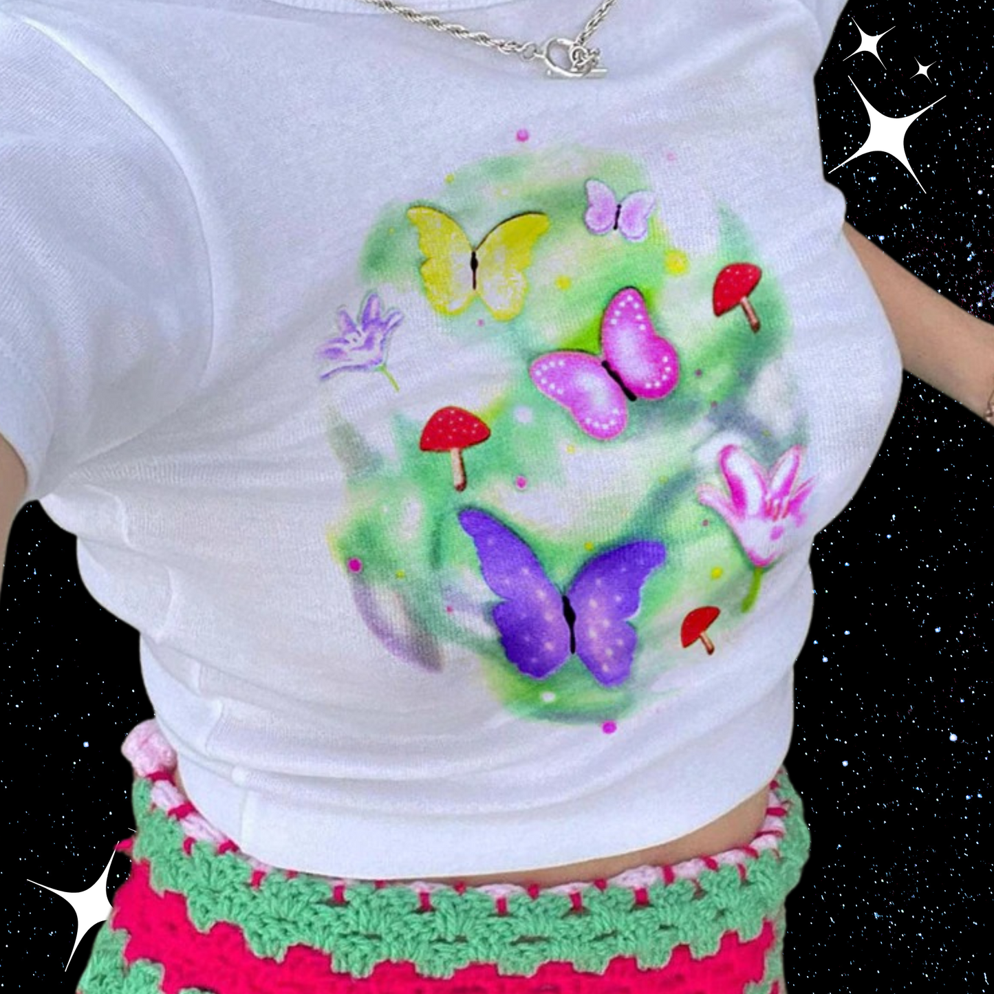 Butterfly Mushroom Print Crop Tee Shirts & Tops PinkLimes Trending Streetwear
