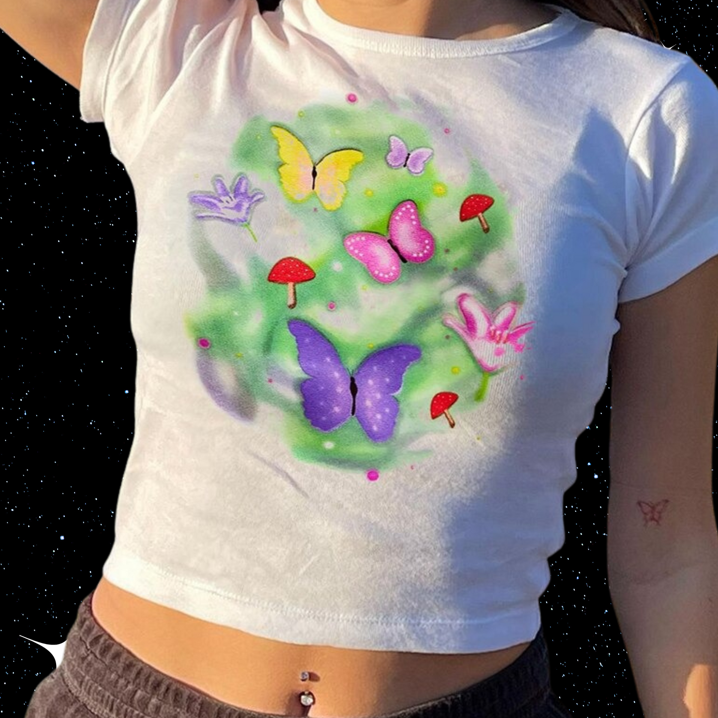 Butterfly Mushroom Print Crop Tee Shirts & Tops PinkLimes Trending Streetwear