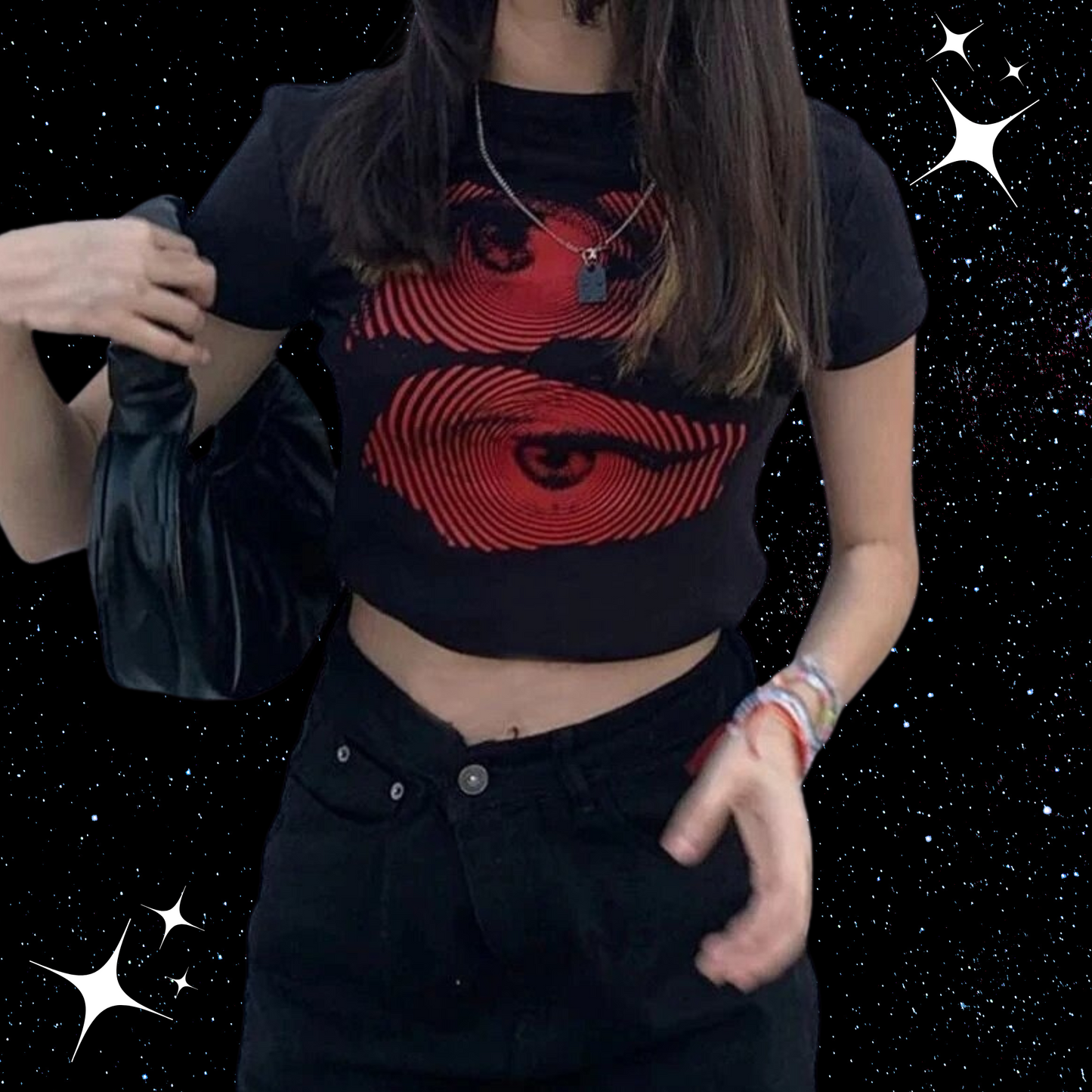 Eye Print Black Crop Tee Shirts & Tops PinkLimes Trending Streetwear