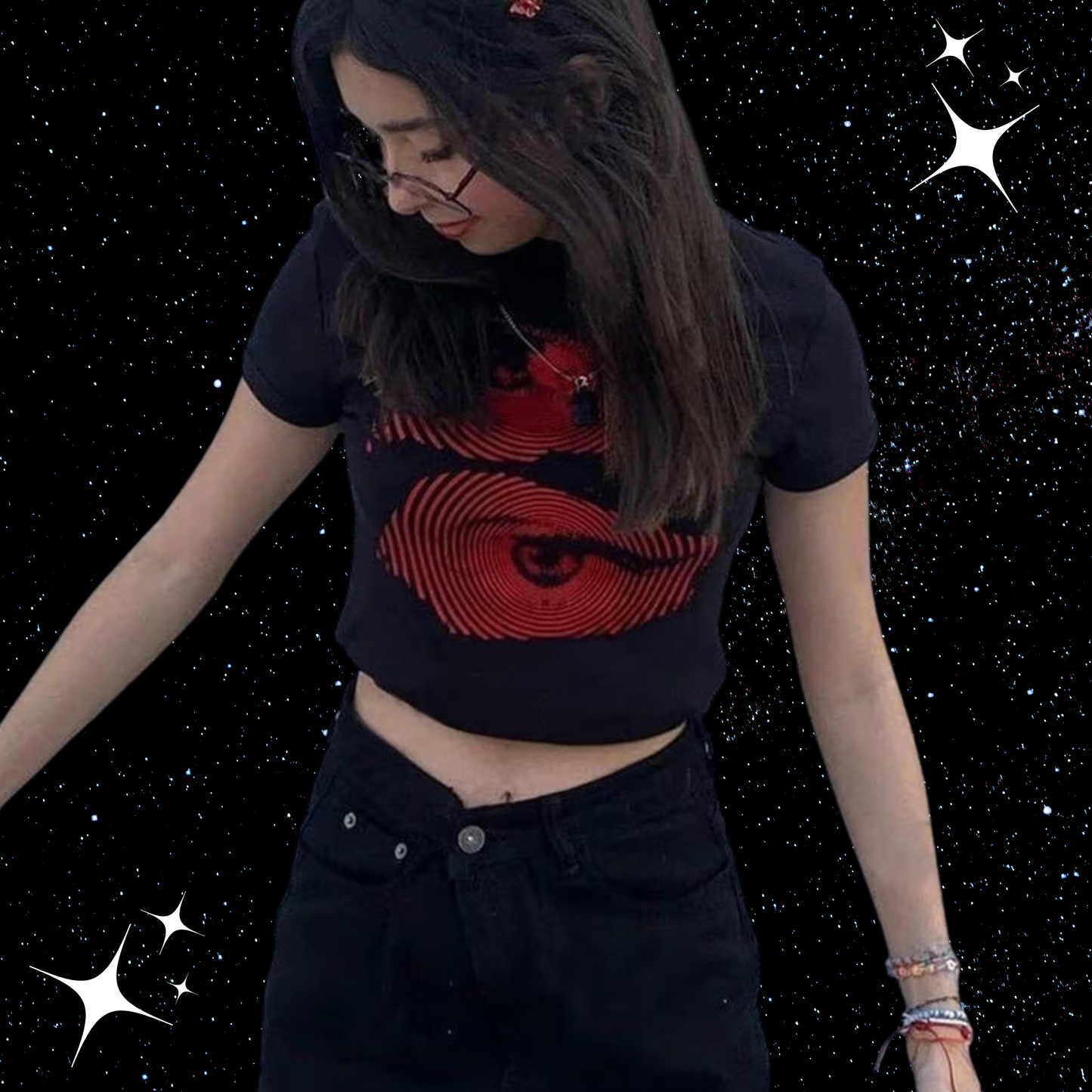 Eye Print Black Crop Tee Shirts & Tops PinkLimes Trending Streetwear