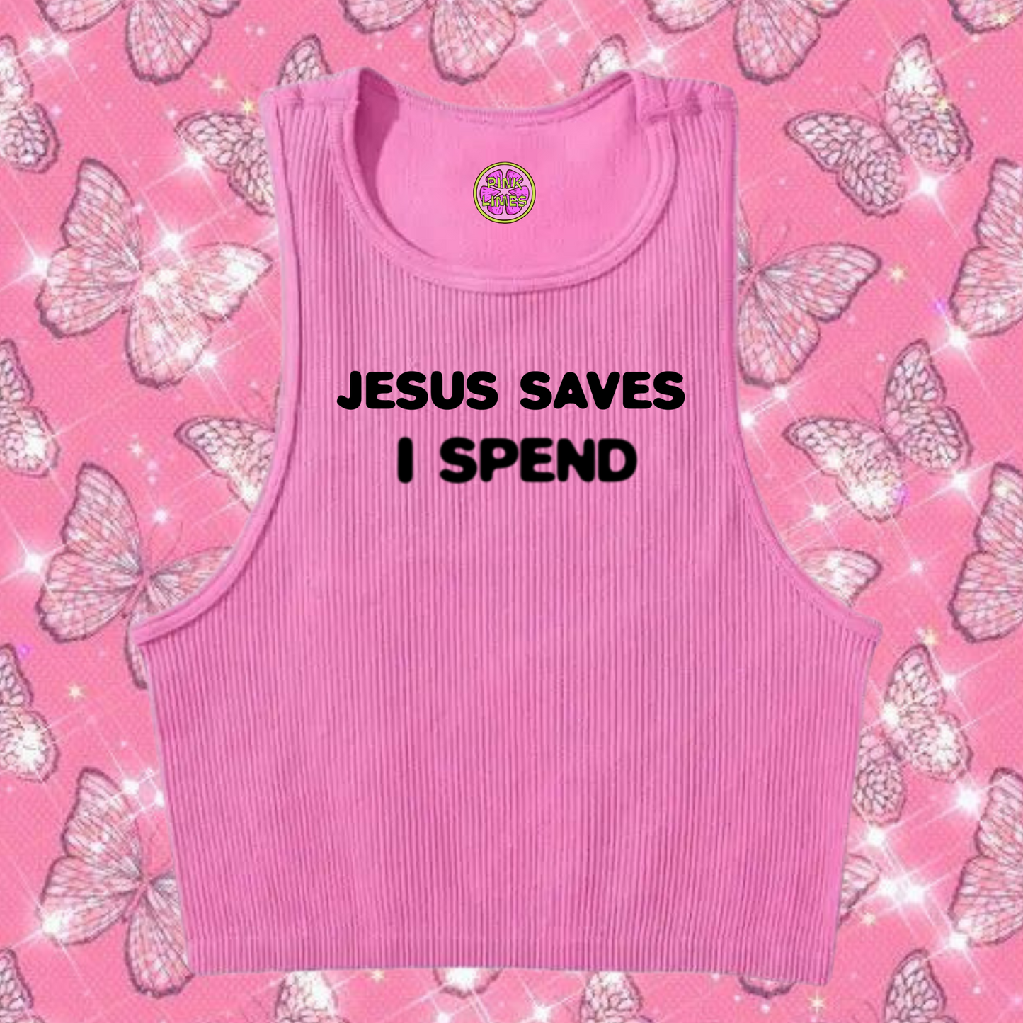 Jesus Saves I Spend Crop Tank Top Pink Shirts & Tops PinkLimes Trending Streetwear