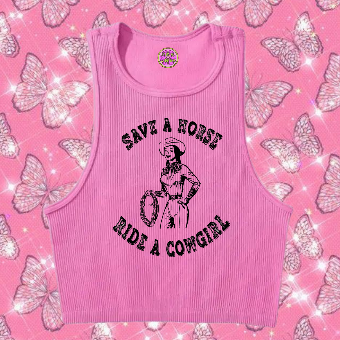Save A Horse Ride A Cowgirl Crop Tank Top Pink Shirts & Tops PinkLimes Trending Streetwear