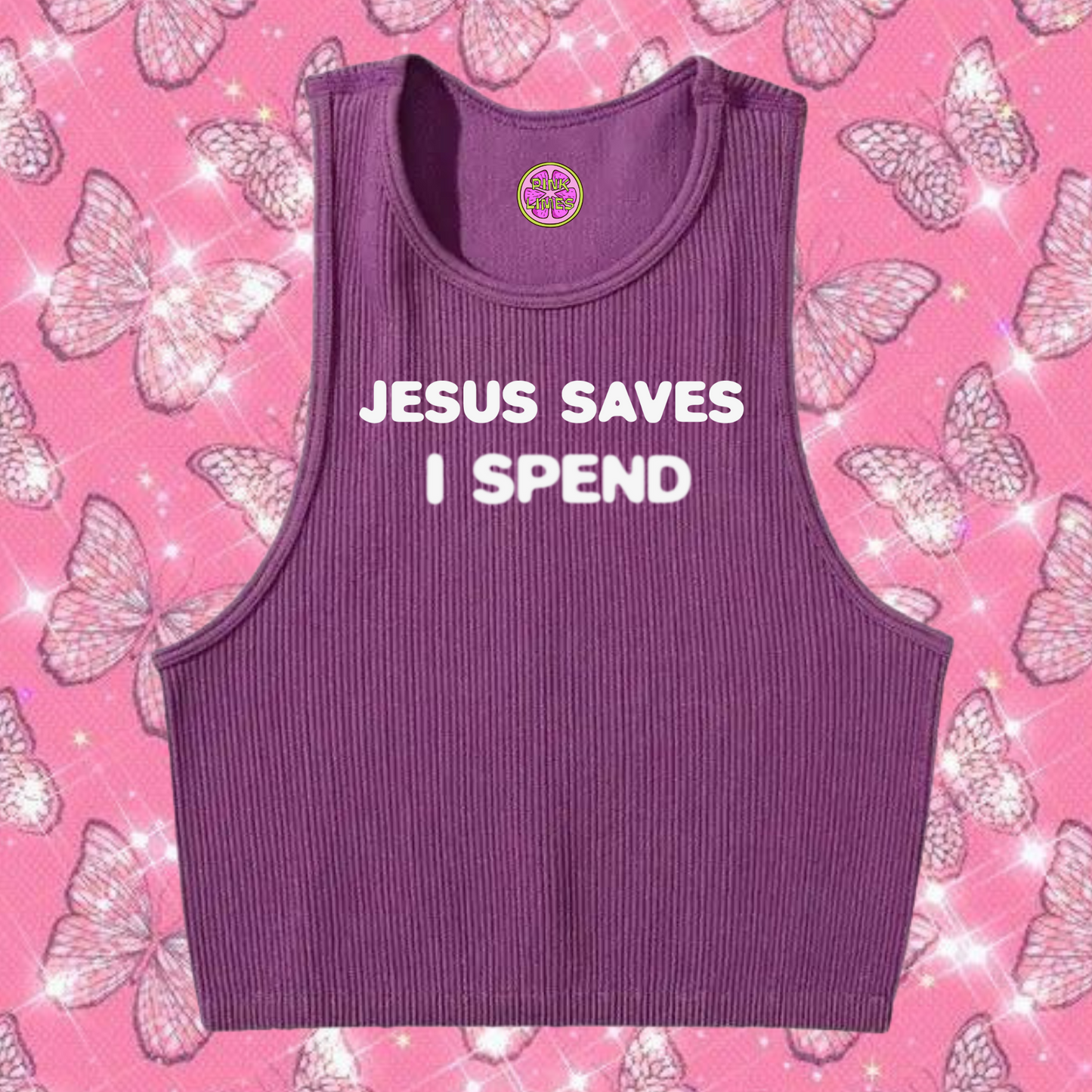 Jesus Saves I Spend Crop Tank Top Purple Shirts & Tops PinkLimes Trending Streetwear