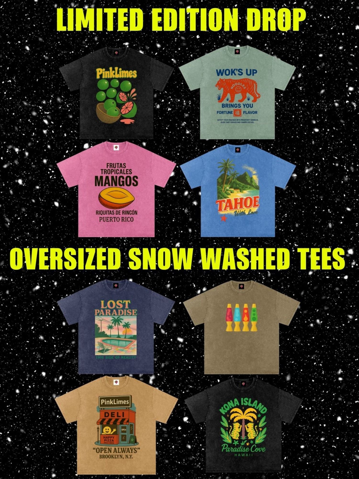 Collection of oversized snow washed tees with various designs on a black background with snow effect.