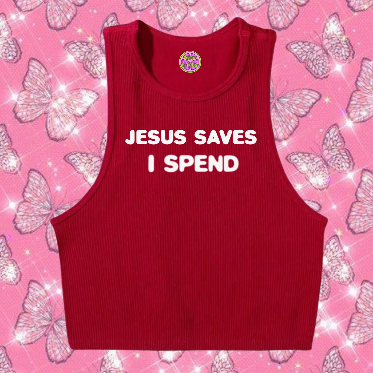 Jesus Saves I Spend Crop Tank Top Red Shirts & Tops PinkLimes Trending Streetwear