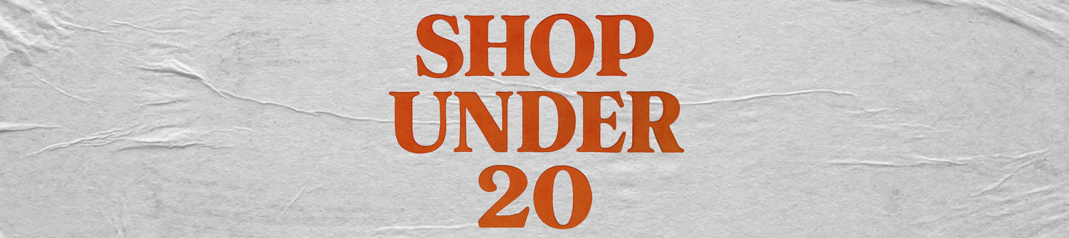 Text 'SHOP UNDER 20' in orange on a gray textured background