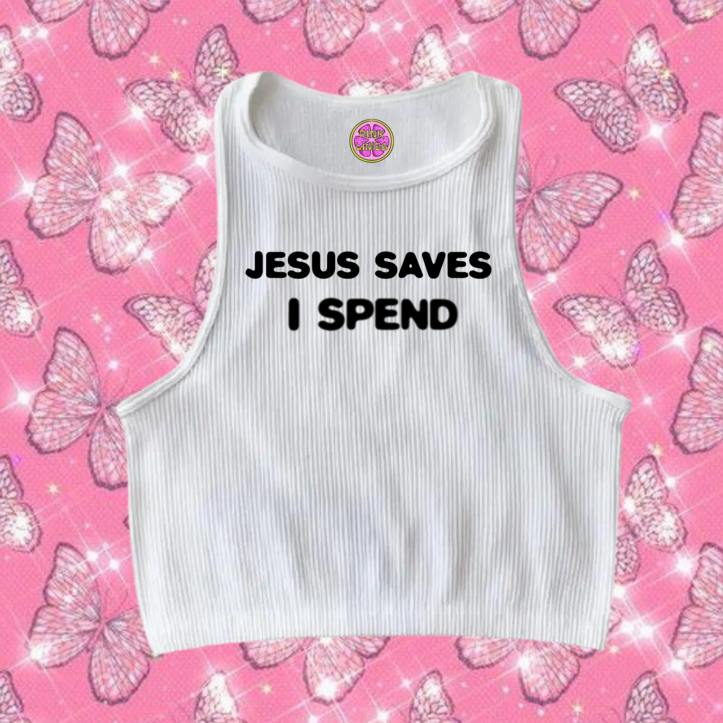 Jesus Saves I Spend Crop Tank Top White Shirts & Tops PinkLimes Trending Streetwear