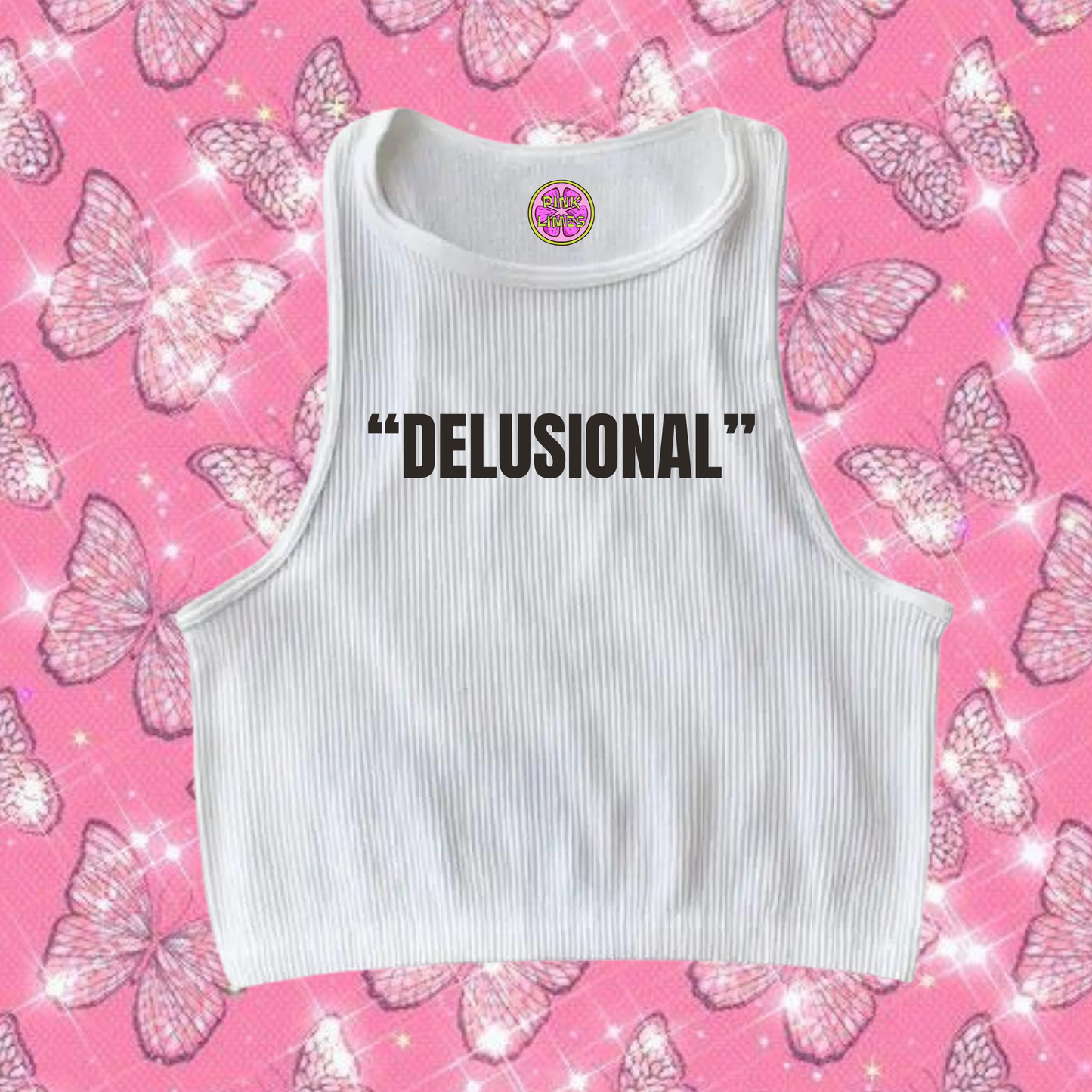 "Delusional" Crop Tank Top White Shirts & Tops PinkLimes Trending Streetwear