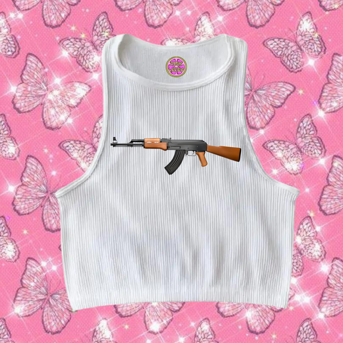 AK47 Crop Tank Top White Shirts & Tops PinkLimes Trending Streetwear