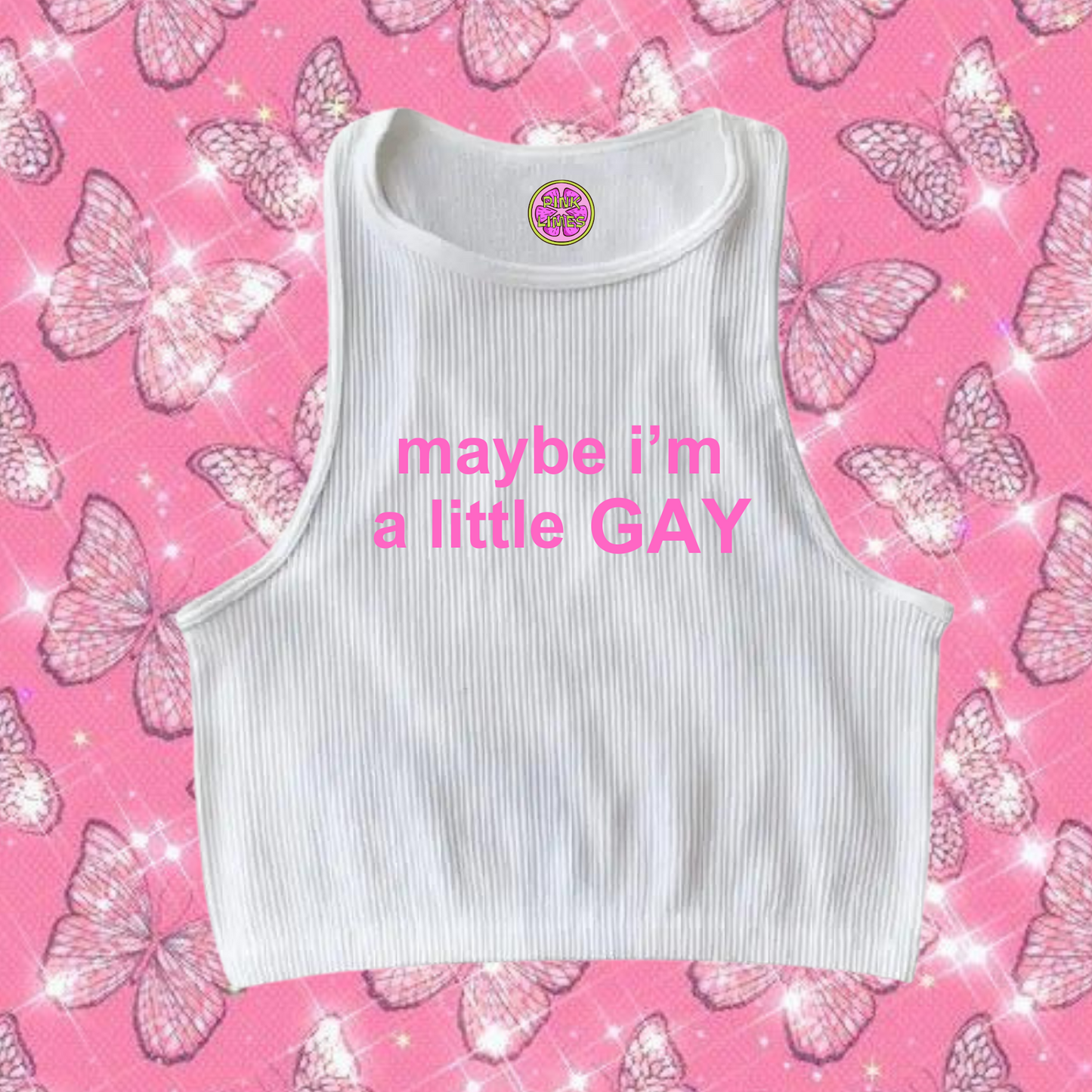 maybe i'm a little GAY Crop Tank Top White Shirts & Tops PinkLimes Trending Streetwear