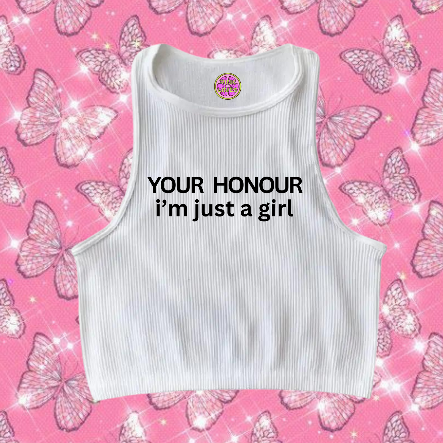 Your Honour I'm Just A Girl Crop Tank Top White Shirts & Tops PinkLimes Trending Streetwear