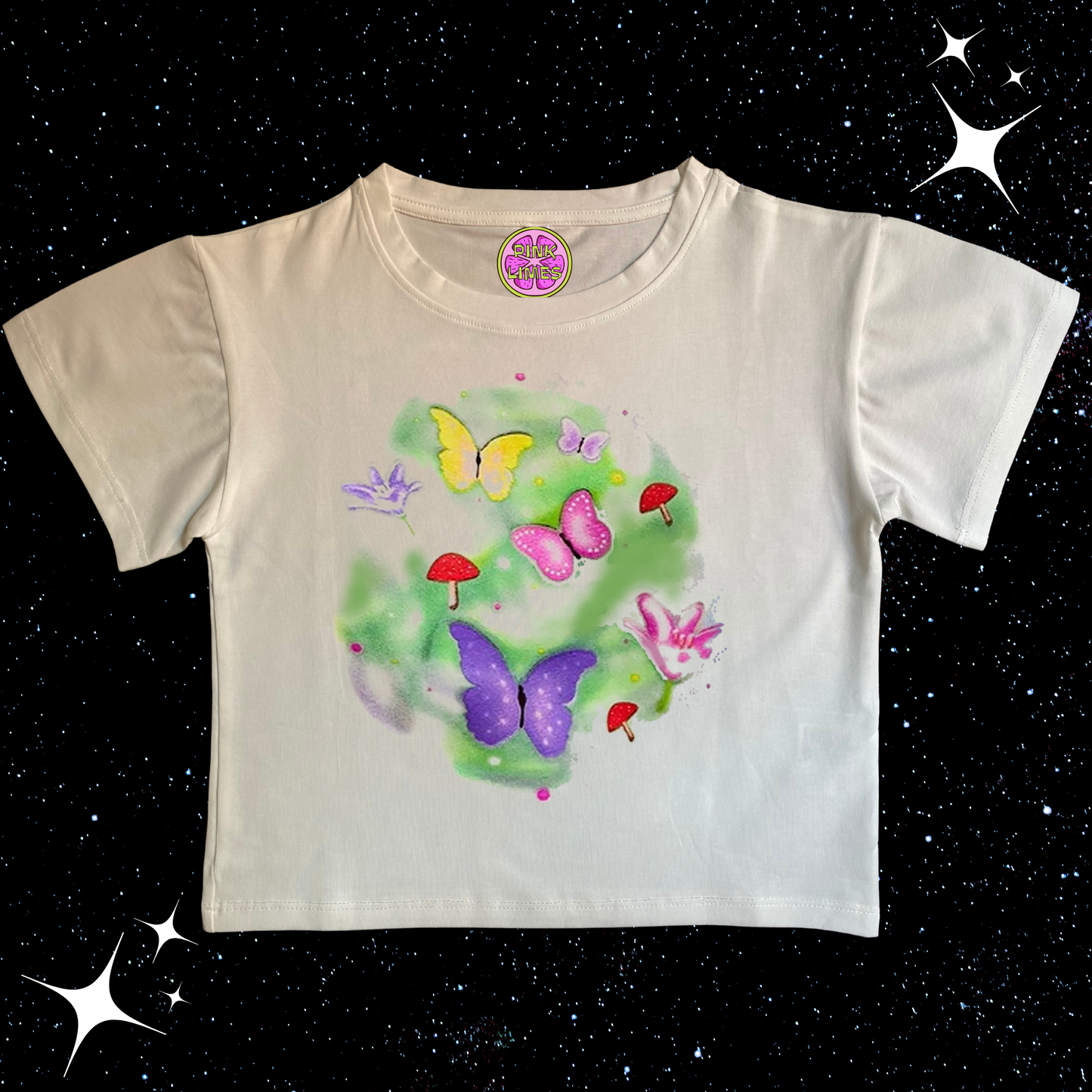 Butterfly Mushroom Print Crop Tee Shirts & Tops PinkLimes Trending Streetwear