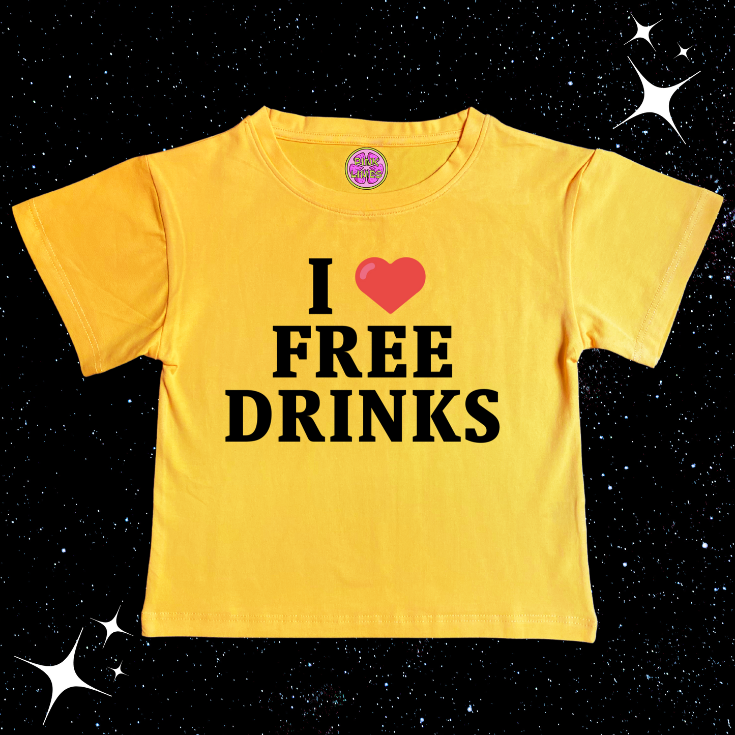 I love Free Drinks Crop Tee Yellow Shirts & Tops PinkLimes Trending Streetwear