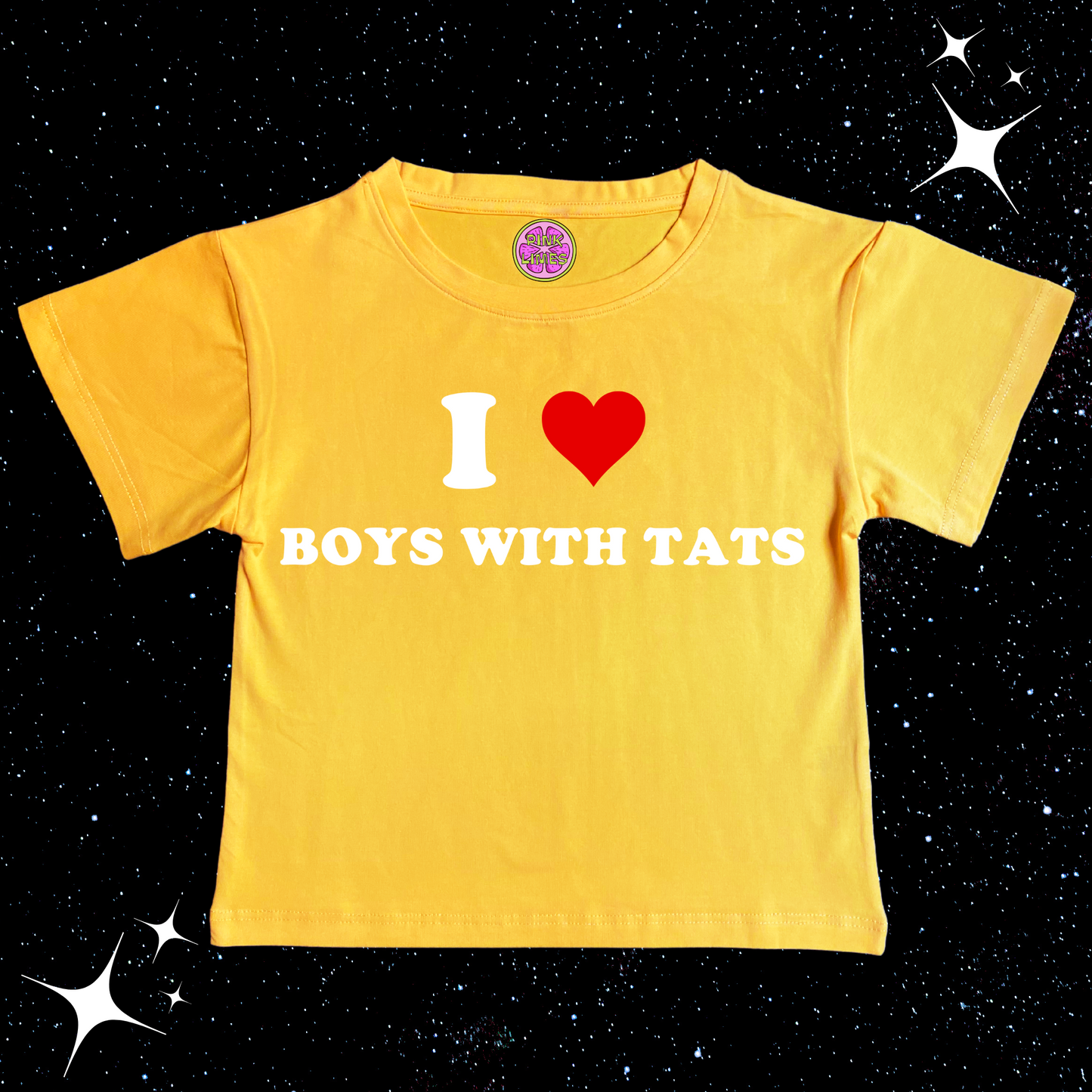I love boys with tats Crop Tee Yellow Shirts & Tops PinkLimes Trending Streetwear
