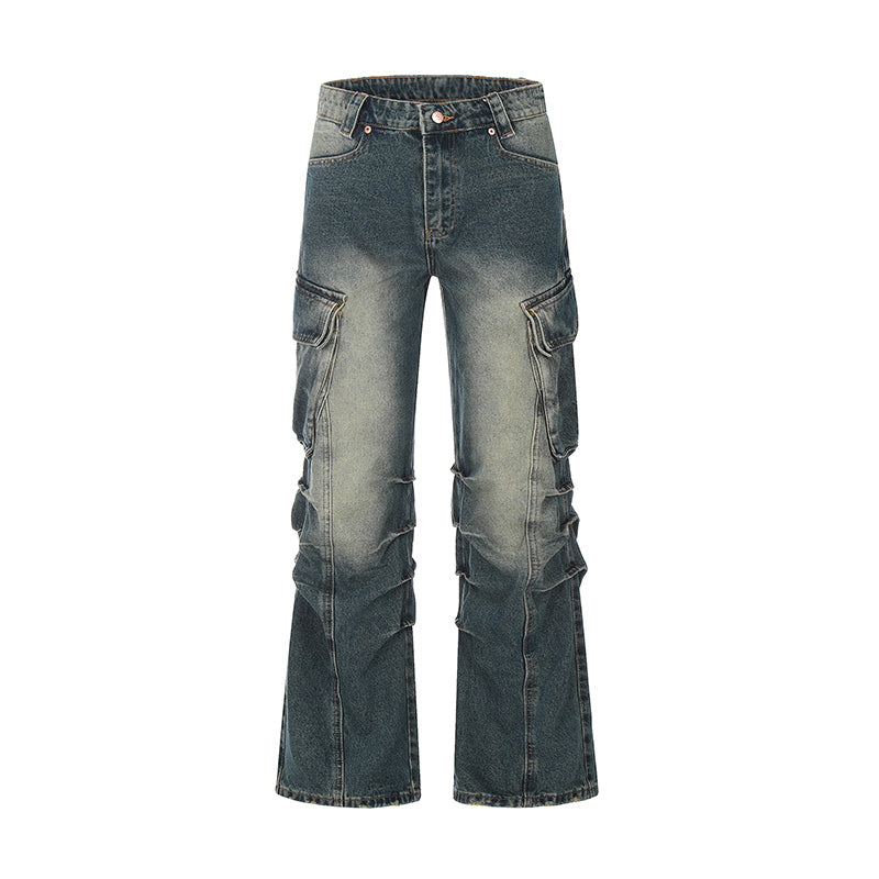 Pleated Washed Blue Denim Cargo Jeans Blue PinkLimes Trending Streetwear