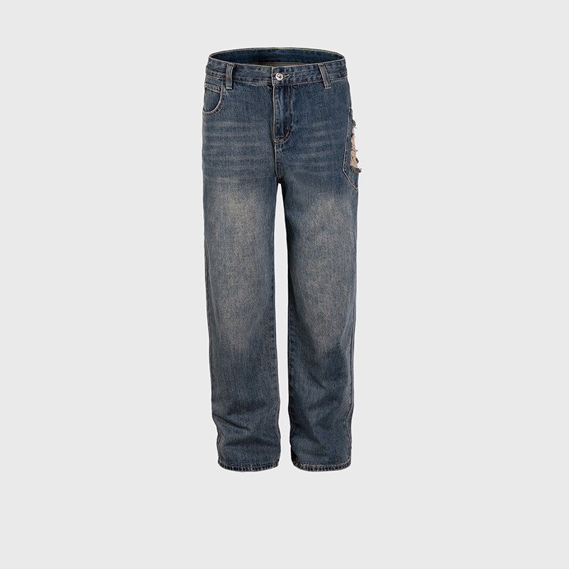Urban Ripped Straight Jeans Navy Blue PinkLimes Trending Streetwear