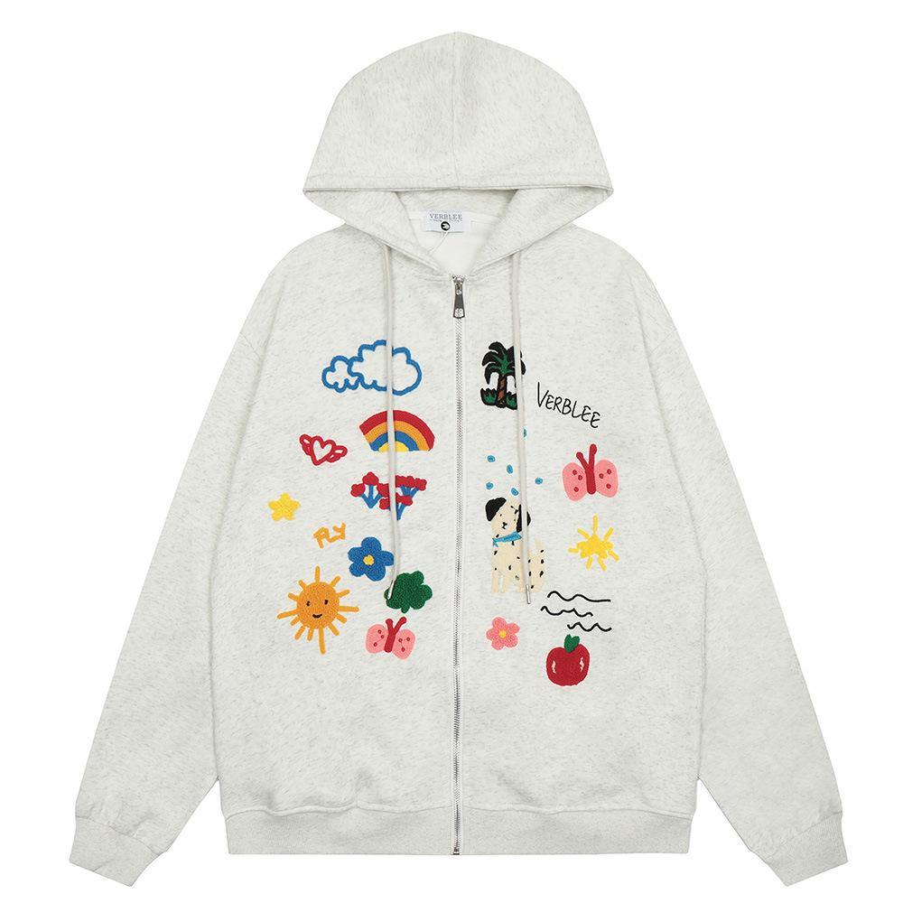 Embroidered Cartoon Zip-Up Hoodie Grey Shirts & Tops PinkLimes Trending Streetwear