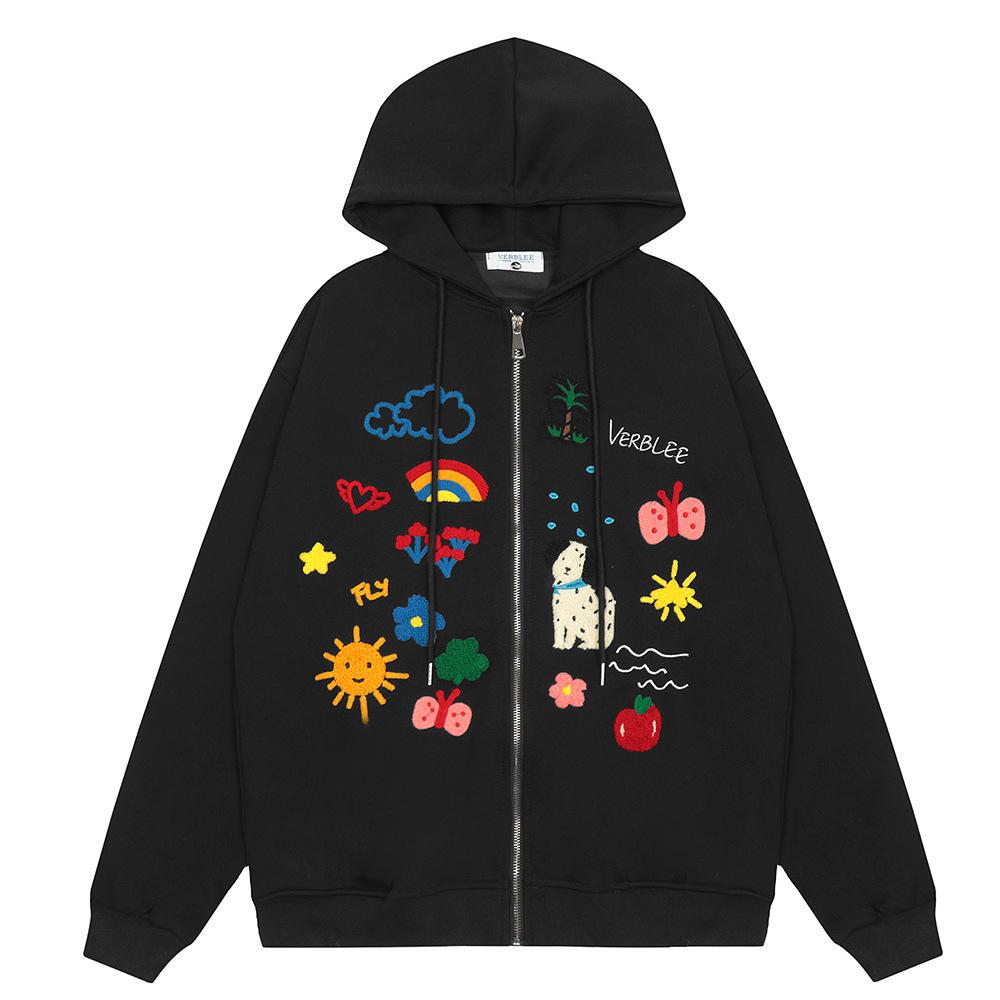Embroidered Cartoon Zip-Up Hoodie Black Shirts & Tops PinkLimes Trending Streetwear