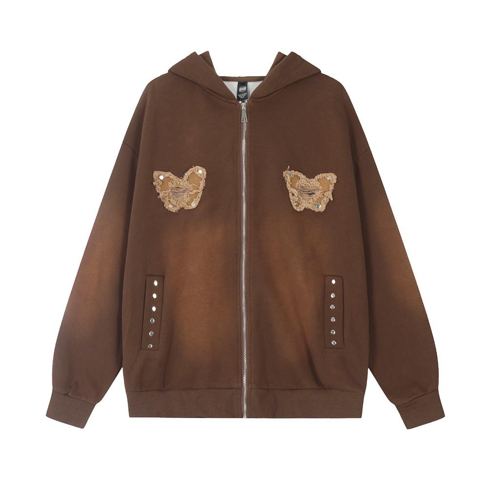 Embroidered Butterfly Hoodie Brown Shirts & Tops PinkLimes Trending Streetwear
