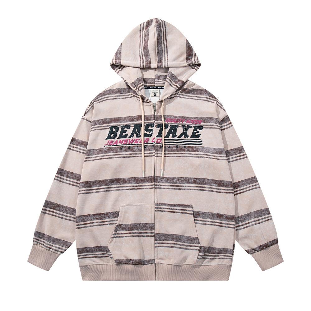 Beastaxe Striped Hoodie Beige Shirts & Tops PinkLimes Trending Streetwear