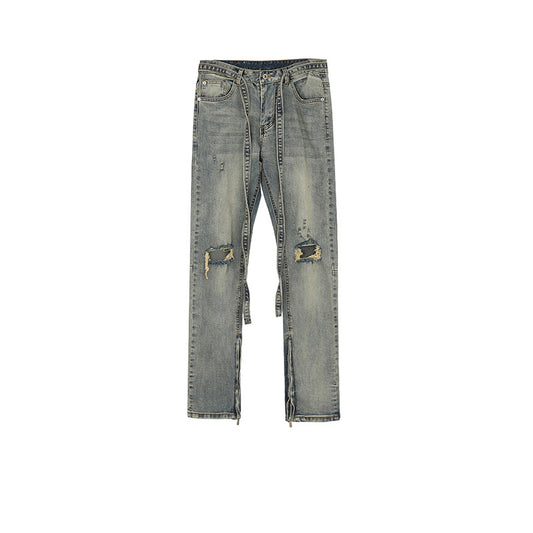 Knee Ripped Zipper‑Leg Jeans PinkLimes Trending Streetwear