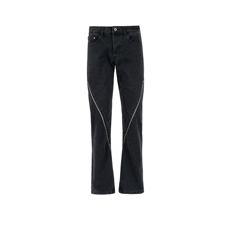 Unisex Black Zipper Slant Wide-Leg Jeans Black PinkLimes Trending Streetwear