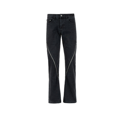Unisex Black Zipper Slant Wide-Leg Jeans Black PinkLimes Trending Streetwear