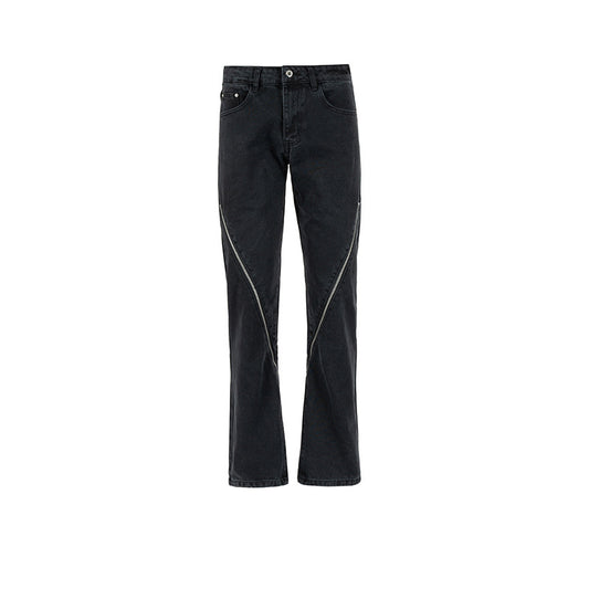 Unisex Black Zipper Slant Wide-Leg Jeans Black PinkLimes Trending Streetwear