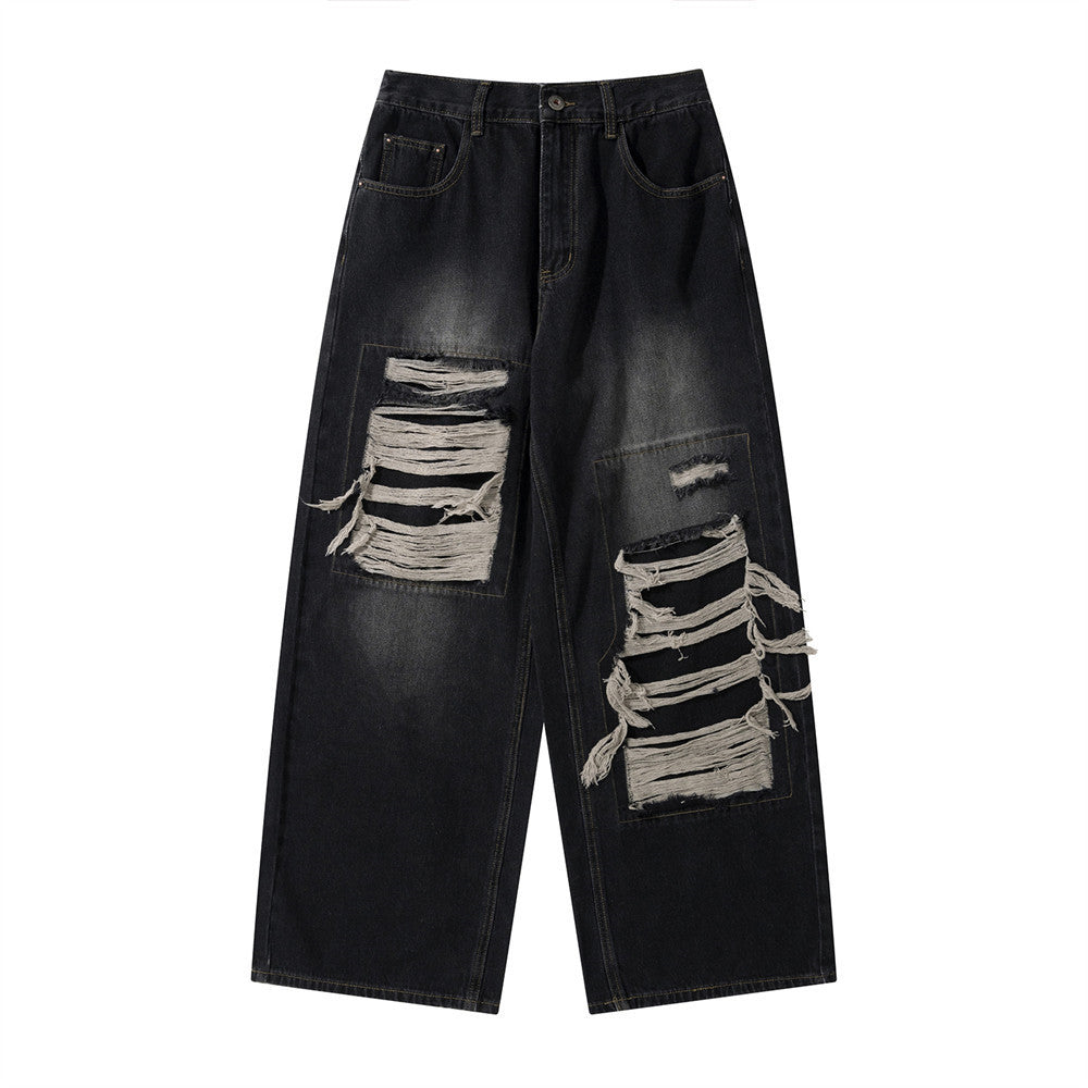 Ripped Patch Loose Wide-Leg Jeans Black PinkLimes Trending Streetwear
