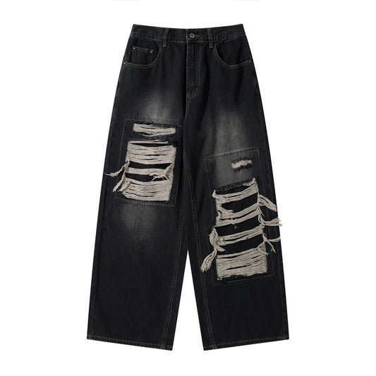 Ripped Patch Loose Wide-Leg Jeans Black PinkLimes Trending Streetwear