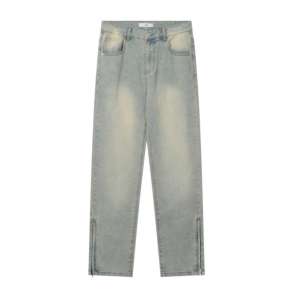 Washed Straight Jeans with Zipper Slit Light Blue PinkLimes Trending Streetwear