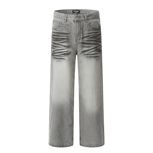 Punk Waste Dirty Denim Straight Leg Jeans Gray PinkLimes Trending Streetwear