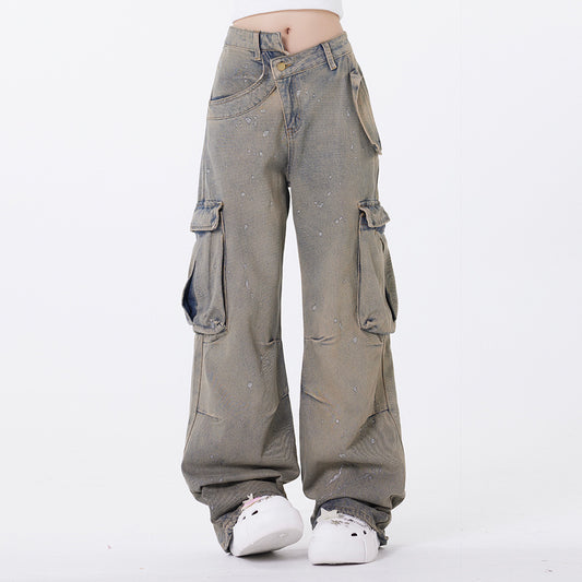 Washed Splash Denim Wide-Leg Cargo Pants PinkLimes Trending Streetwear