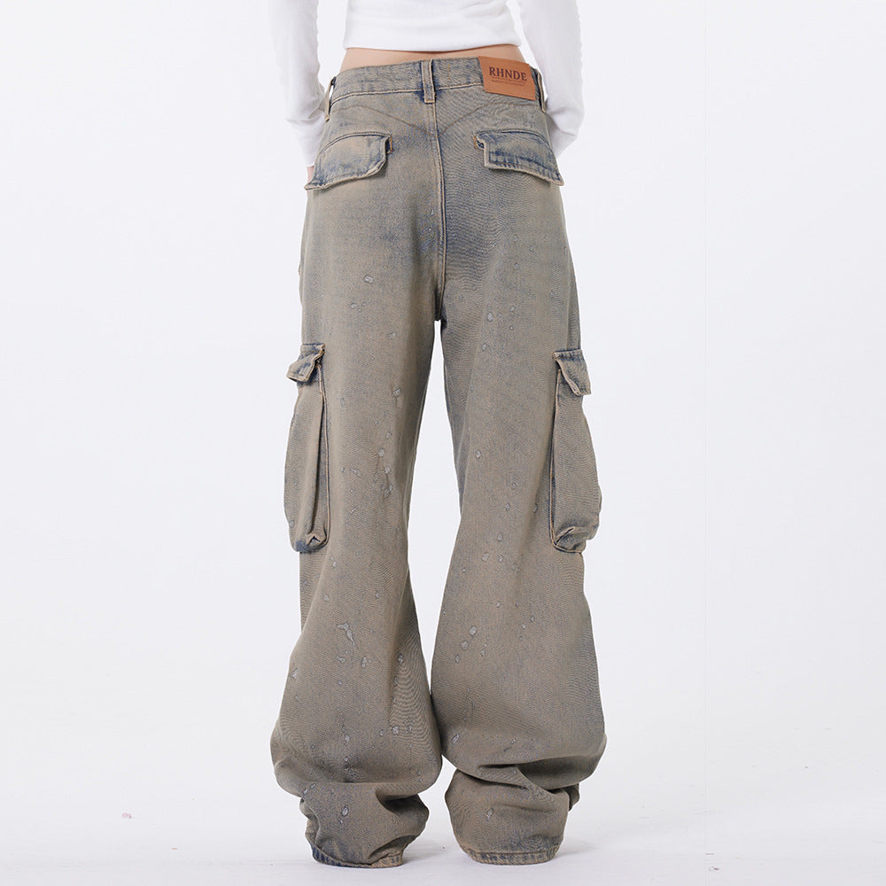 Washed Splash Denim Wide-Leg Cargo Pants PinkLimes Trending Streetwear