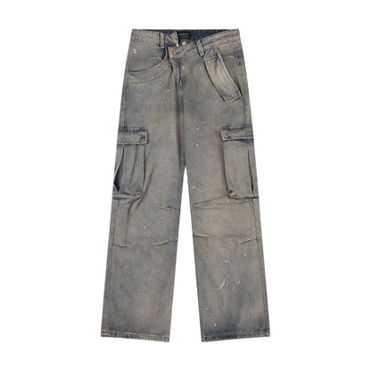 Washed Splash Denim Wide-Leg Cargo Pants Blue PinkLimes Trending Streetwear